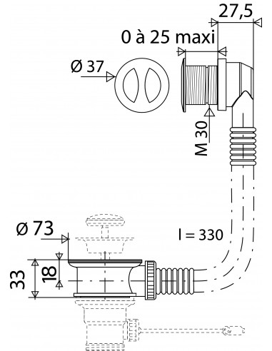 598500 000 00  Перелив для умывальника, крышка Д. 30 мм, зажим от 0 до 25 мм, хромированная Valentin Хром  - Вид №2