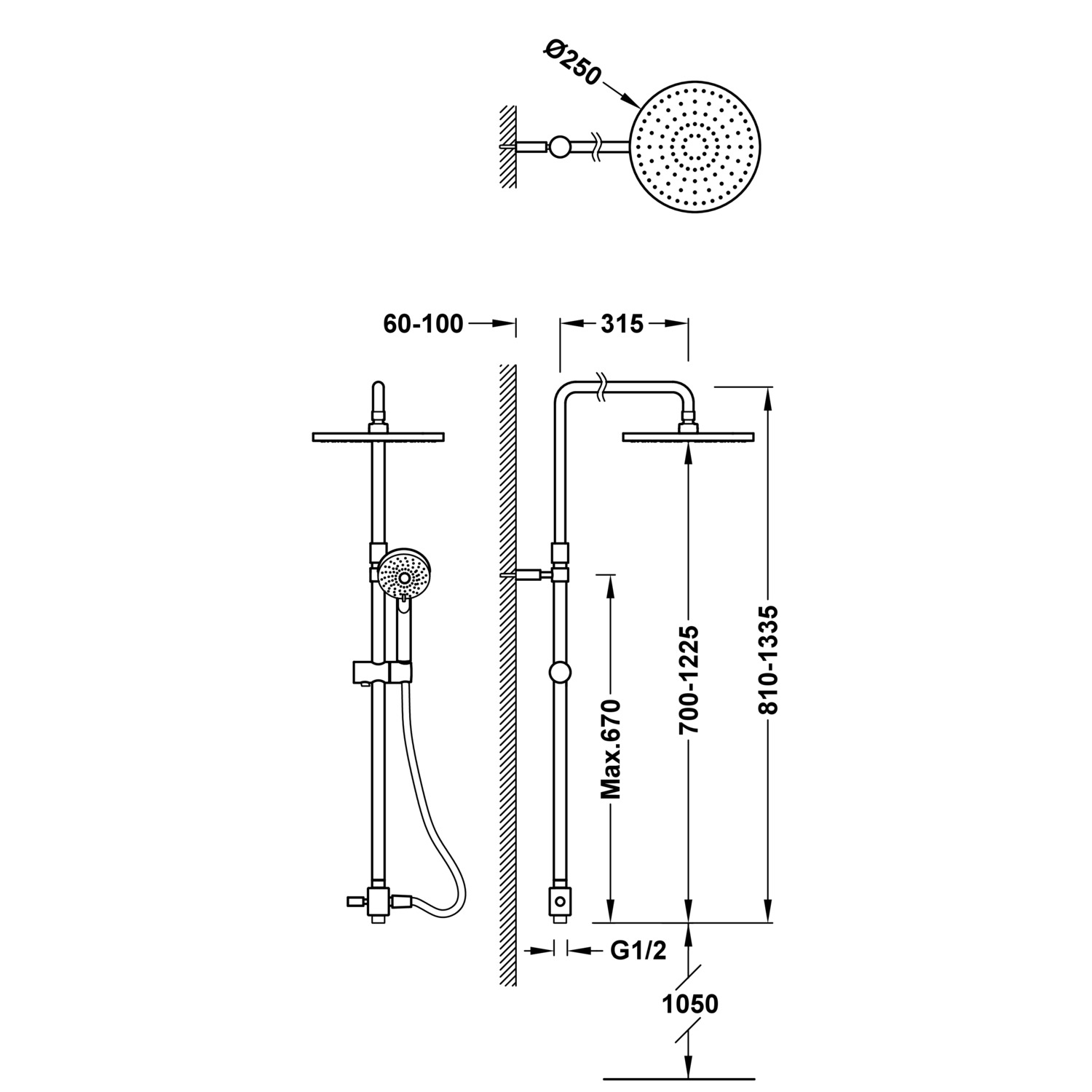 Набор душевой планки без смесителя с подачей воды и насадкой для душа-06163509 TRES Showers - Вид №1