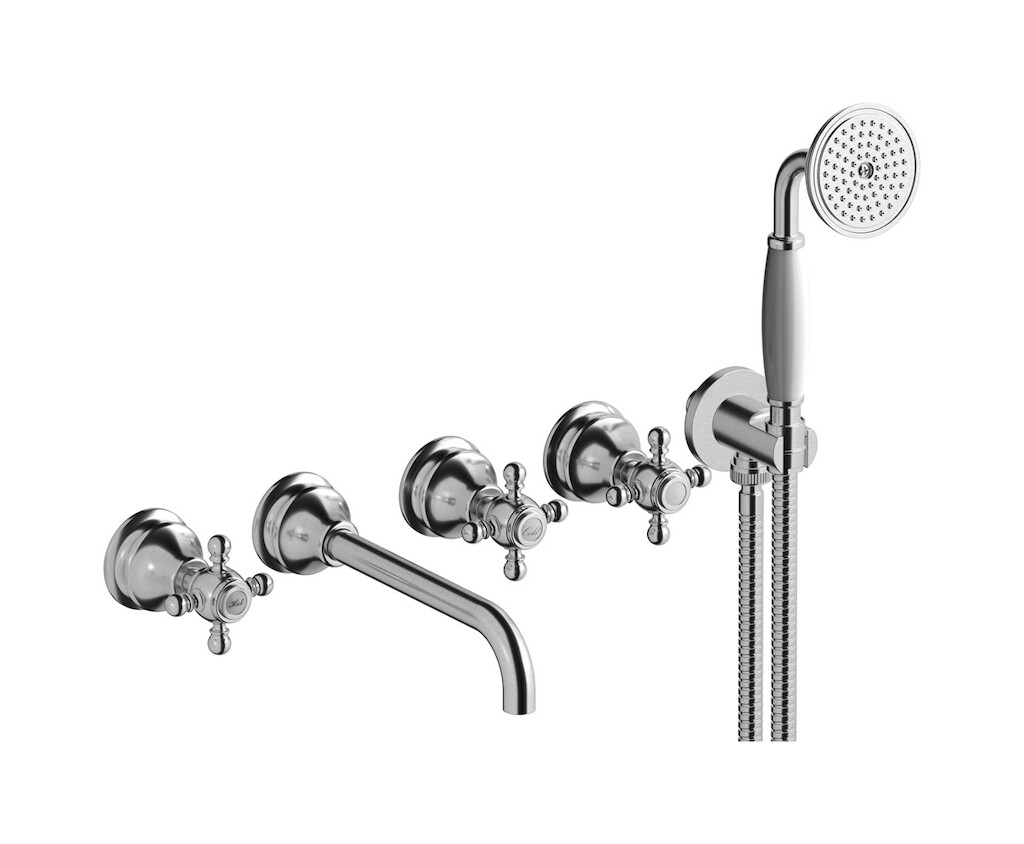 Настенный смеситель для ванной на 5 отверстий с дивертером и душевым гарнитуром. WE ARE IB hr398ss Brushed Nickel Hermes