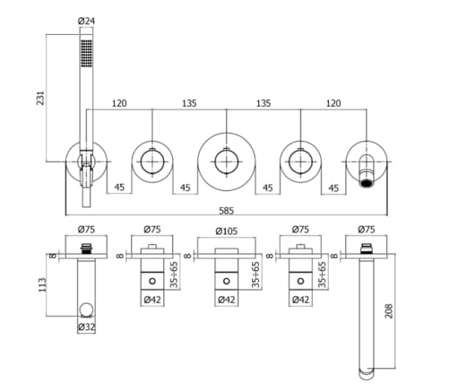 Термостатический настенный смеситель для ванны с ручным душем RUBINETTERIA PAFFONI Modular Box ARCH-00100372 - Вид №4