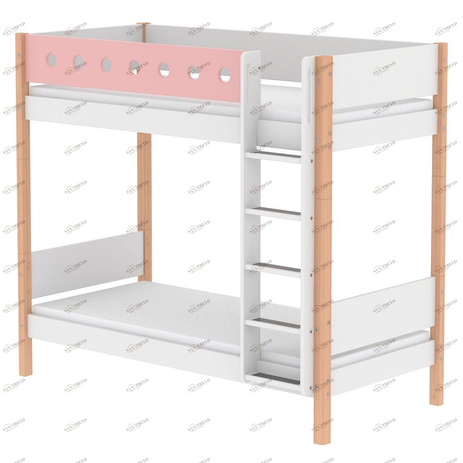 Кровать Flexa White двухъярусная с прямой лестницей, 200 см, розовая лакированная 801741421