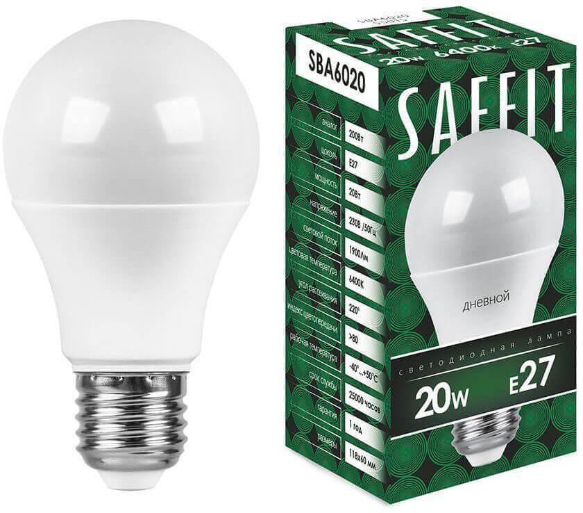 55015 Лампа светодиодная E27 20W 6400K Шар Матовая SBA6020 Saffit