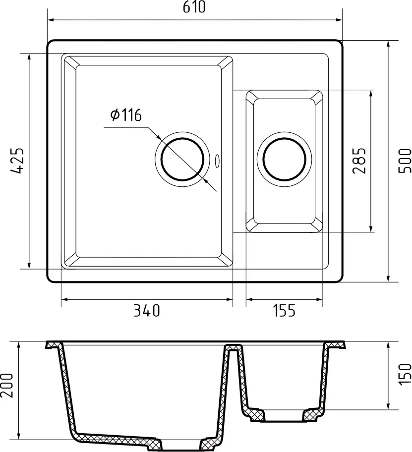 Кухонная мойка Q-610K GRANFEST QUADRO - Вид №1