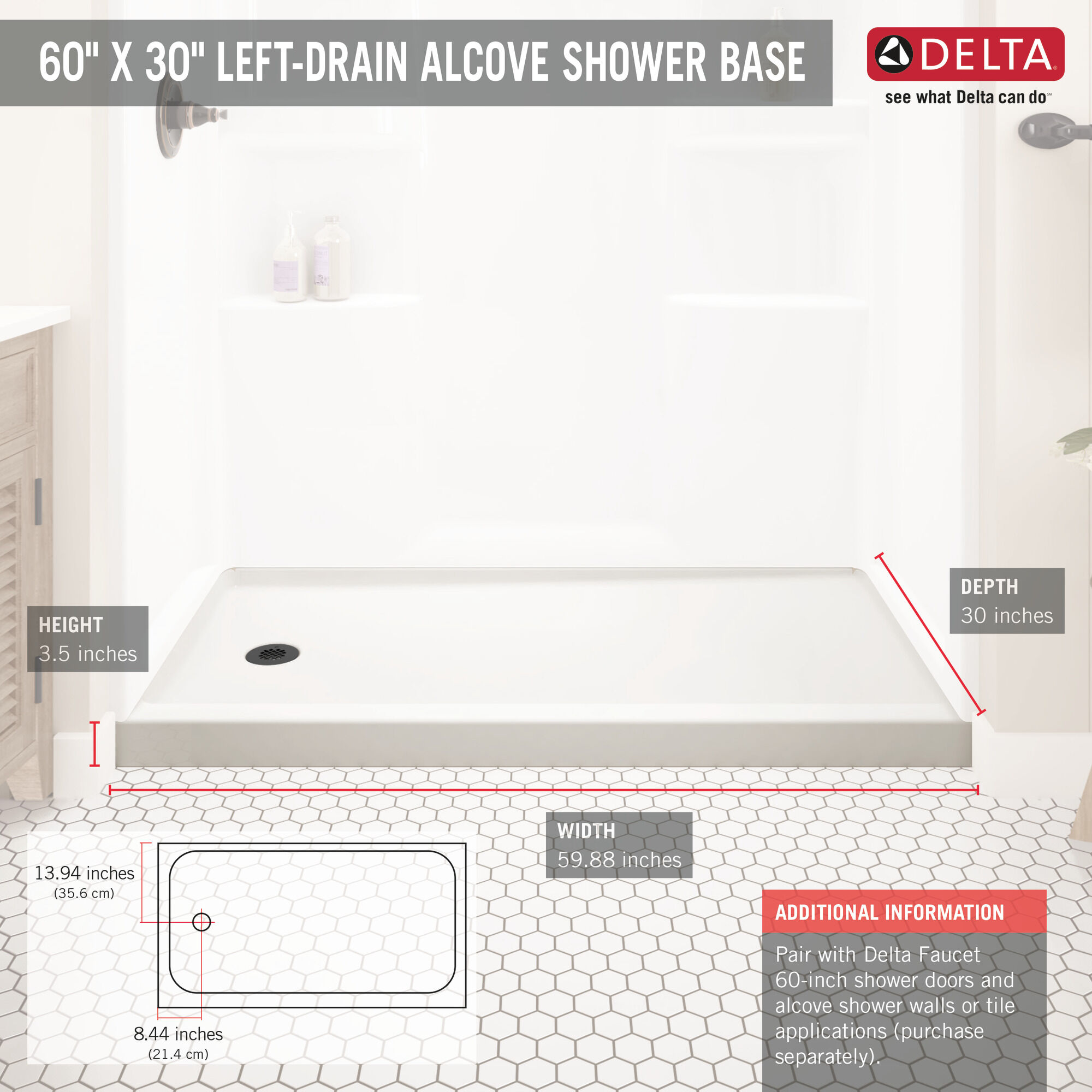 ProCrylic 60 дюймов x 30 дюймов. Душевой поддон, левый слив Delta Faucet B78513-6030L-WH - Вид №5