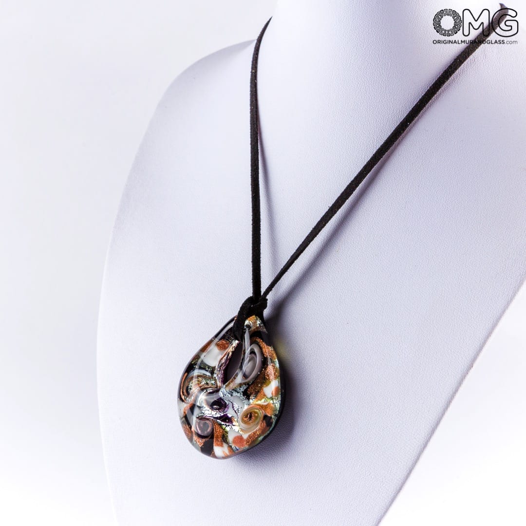 2340 ORIGINALMURANOGLASS Чёрная подвеска в виде капли из муранского стекла с авантюрином 57 см  - Вид №1