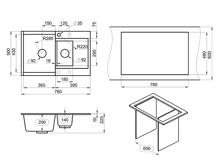 ES-7808, ШВАРЦ (чёрный металлик), кухонная мойка, кварц GRANULA Estetica 7808-ST284 - Вид №4