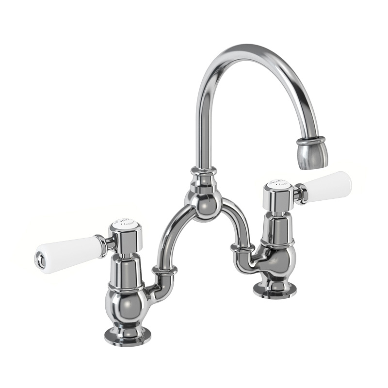 Burlington Смеситель Kensington с двумя отверстиями в форме арки с изогнутым носиком (центры 200 мм) Четверть оборота с белым акцентом KE27-QT  - Вид №1