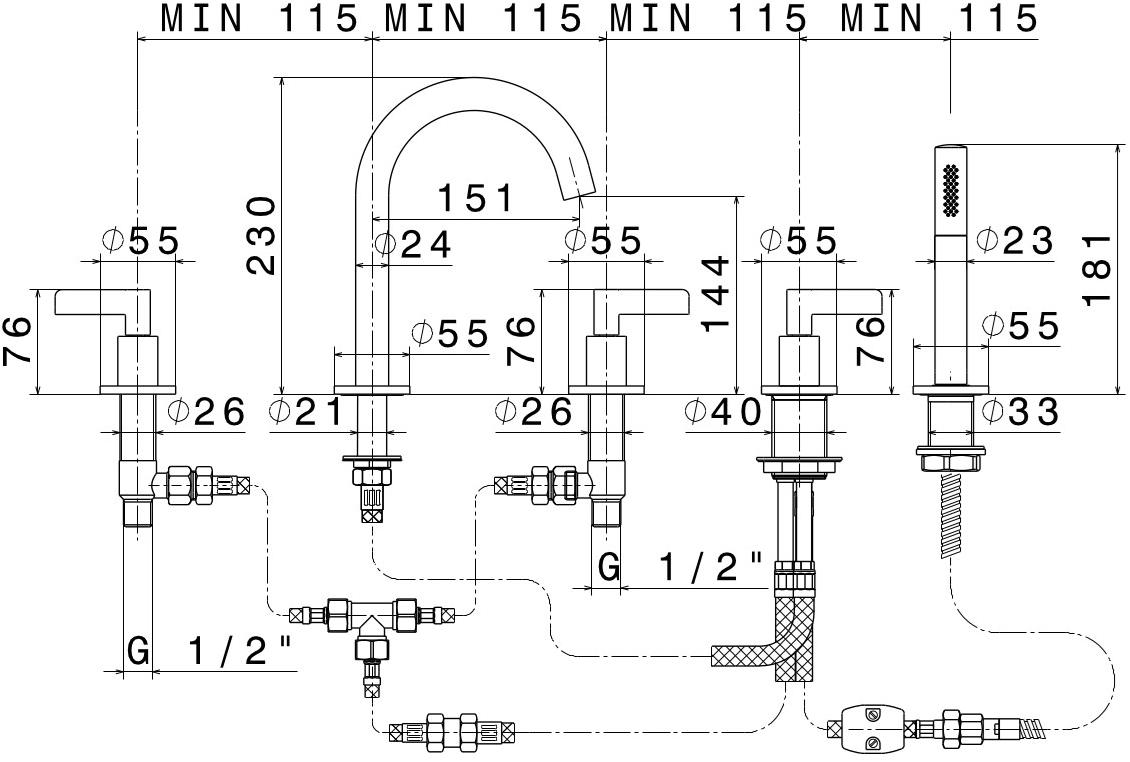 newform Смеситель для ванны на 5 отверстий с ручным душем Blink chic 71082c - 71182c - Вид №2