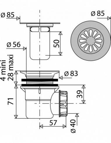 575200 000 00  Душевой трап для поддона Д. 60 мм, ромбовидная решетка Д. 85 мм, выход горизонтальный, NC, нержавеющая сталь Valentin Хром  - Вид №2