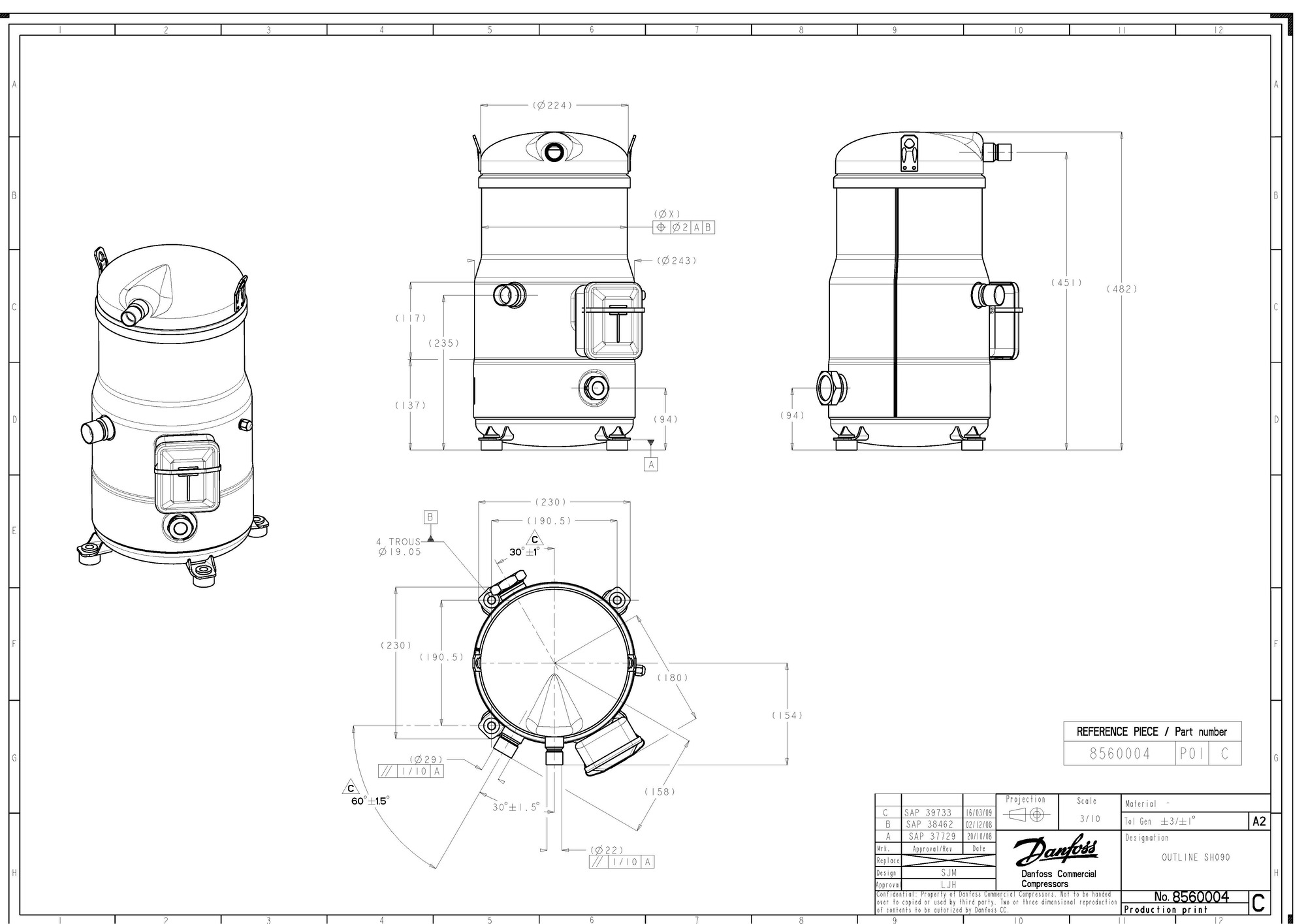 Danfoss SH — Герметичные спиральные компрессоры, R410A SH184A4ALC Компрессор спиральный 120H0361  - Вид №5
