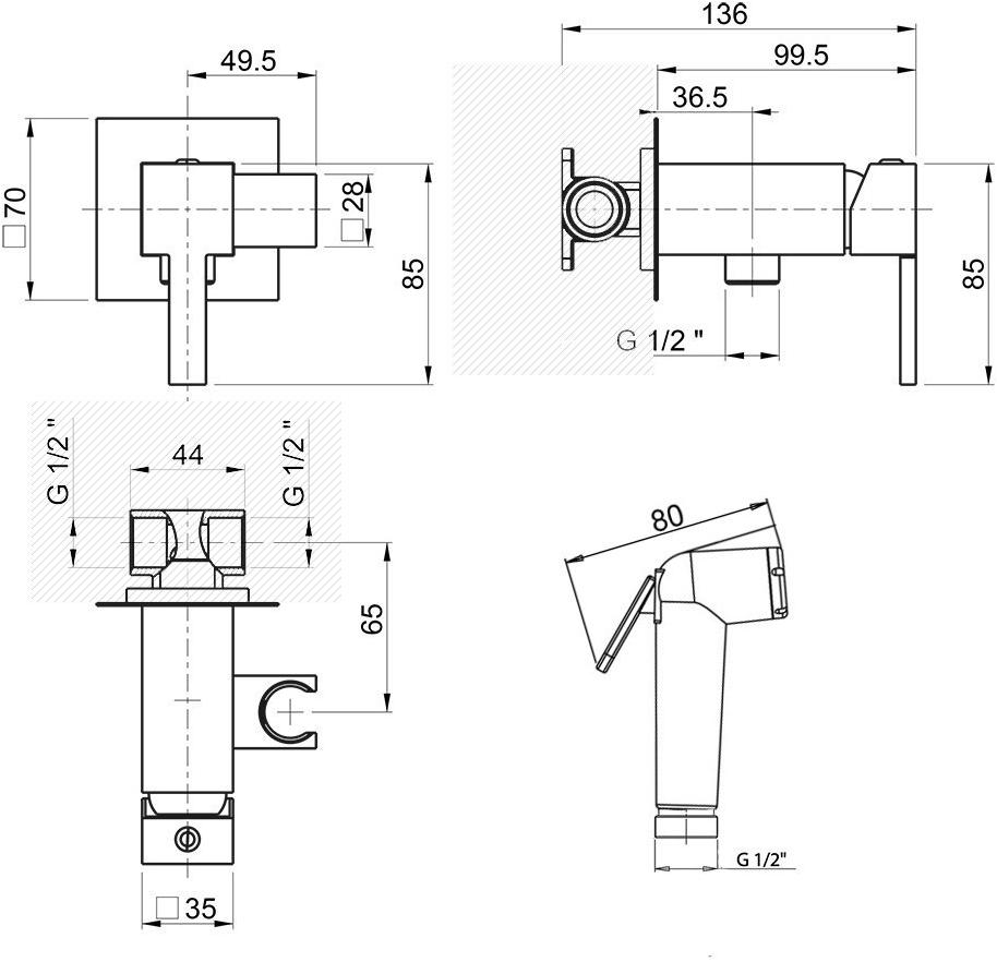 53CR442QRU_ABS KAMPANA Смеситель с гиг.душем (ABS) Paini 53CR442QRUABS - Вид №2