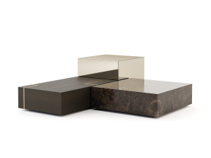 Низкий журнальный столик из дерева, мрамора и стекла